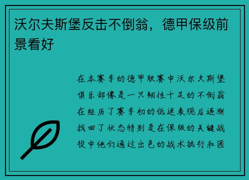 沃尔夫斯堡反击不倒翁，德甲保级前景看好